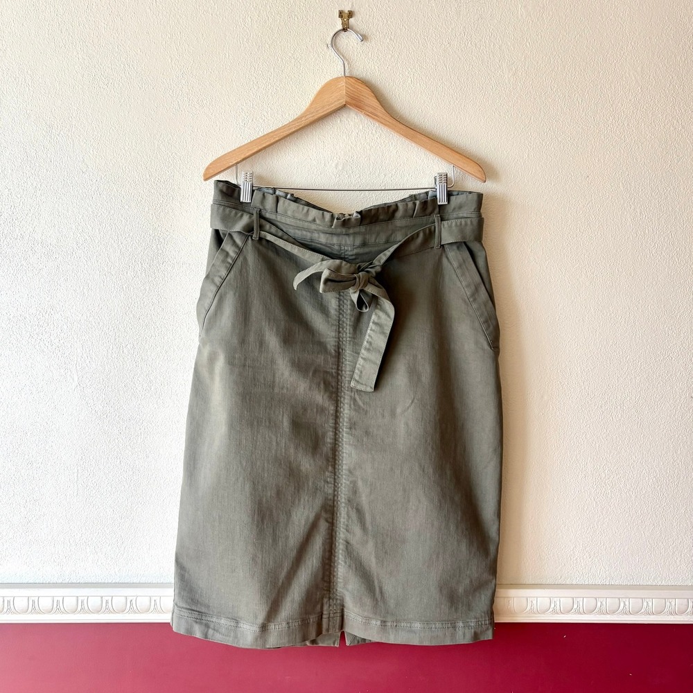 Banana Republic Olive Green Utility Twill Midi Skirt Size 14 Paperbag Tie Waist